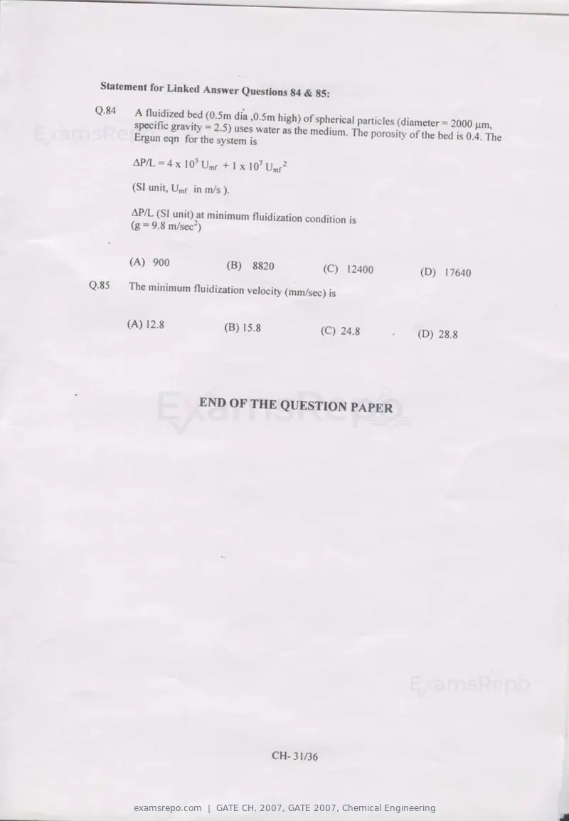 GATE CH 2007 question paper, GATE 2007, Chemical Engineering, page 31 of 31