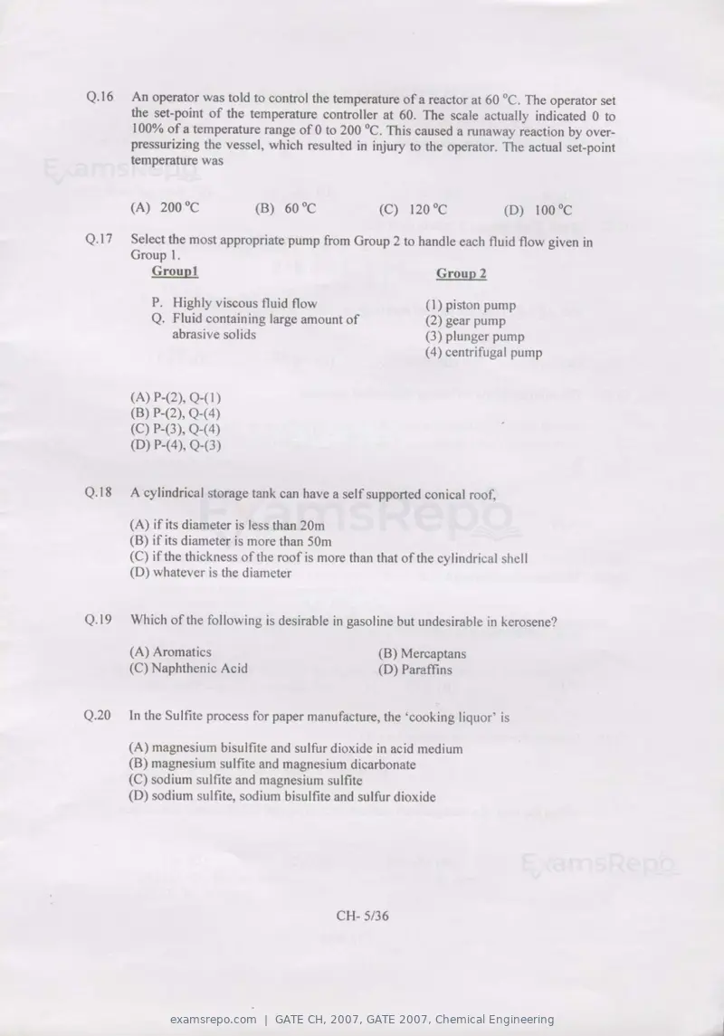 GATE CH 2007 question paper, GATE 2007, Chemical Engineering, page 5 of 31