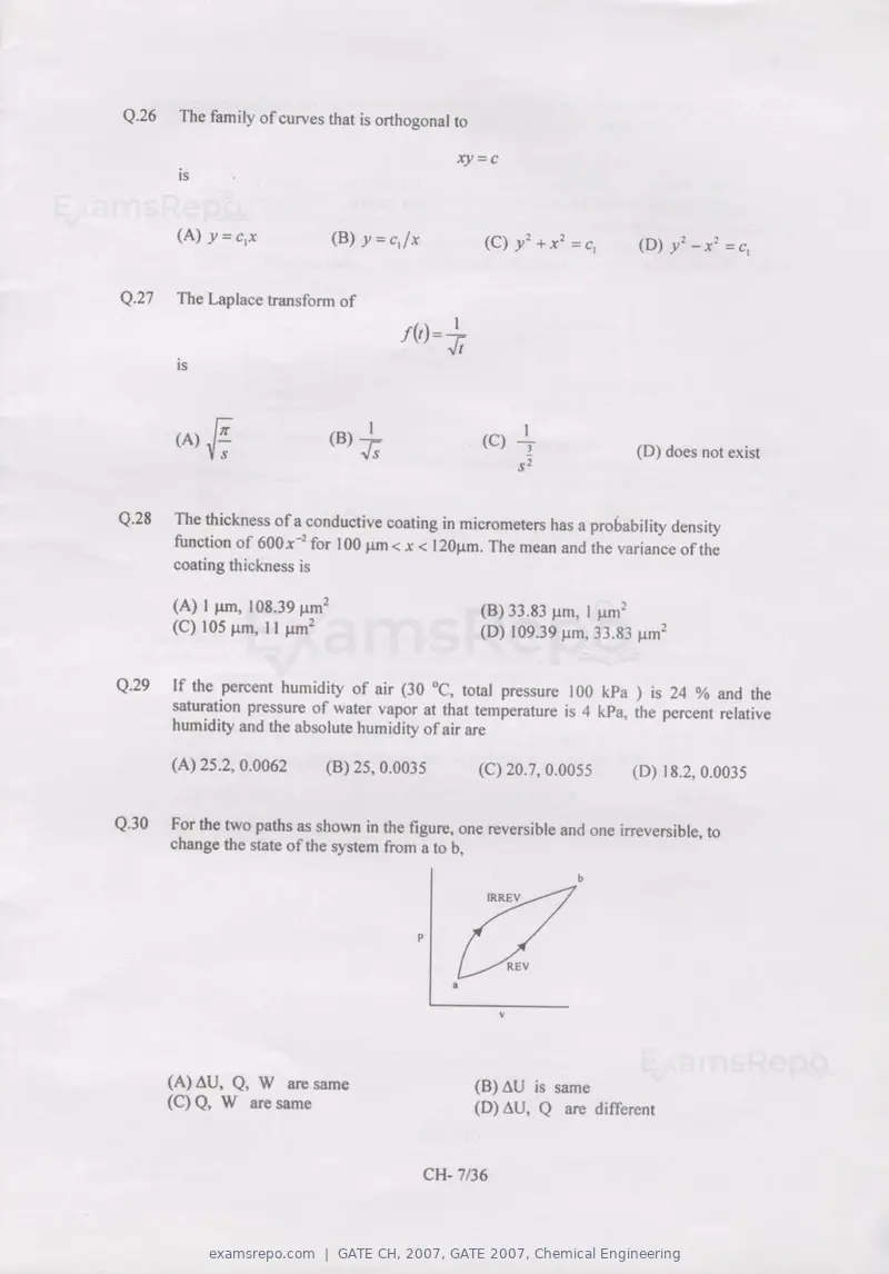 GATE CH 2007 question paper, GATE 2007, Chemical Engineering, page 7 of 31