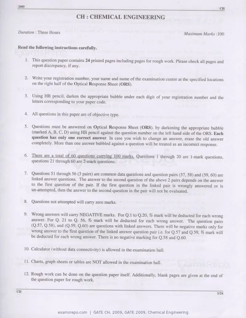 GATE CH 2009 question paper, GATE 2009, Chemical Engineering, page 1 of 16