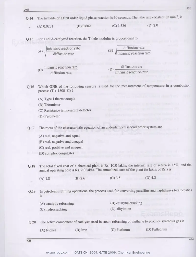 GATE CH 2009 question paper, GATE 2009, Chemical Engineering, page 4 of 16