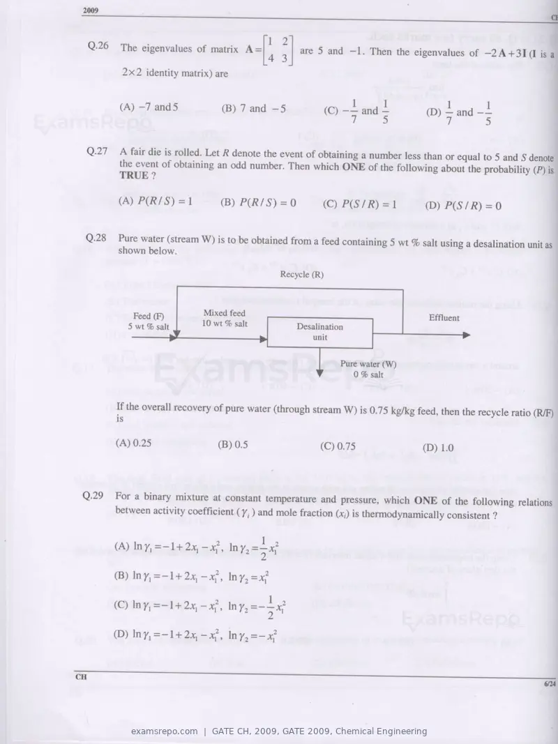 GATE CH 2009 question paper, GATE 2009, Chemical Engineering, page 6 of 16