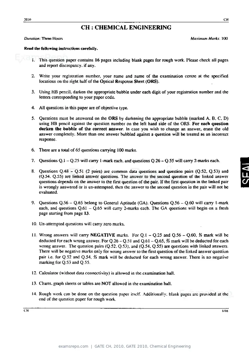 GATE CH 2010 question paper, GATE 2010, Chemical Engineering, page 1 of 16