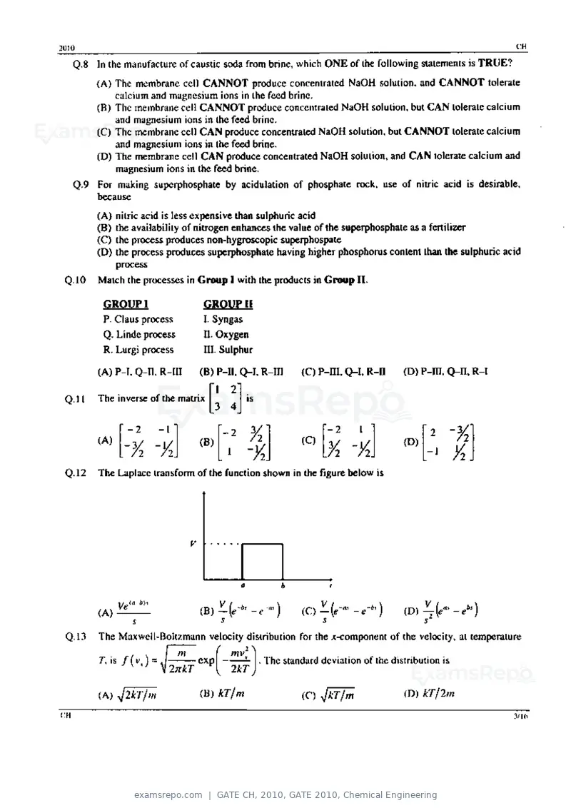 GATE CH 2010 question paper, GATE 2010, Chemical Engineering, page 3 of 16