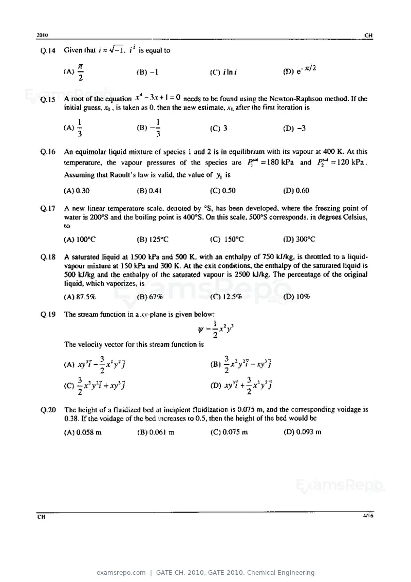 GATE CH 2010 question paper, GATE 2010, Chemical Engineering, page 4 of 16
