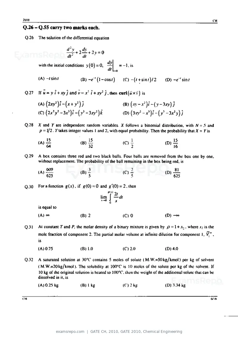 GATE CH 2010 question paper, GATE 2010, Chemical Engineering, page 6 of 16