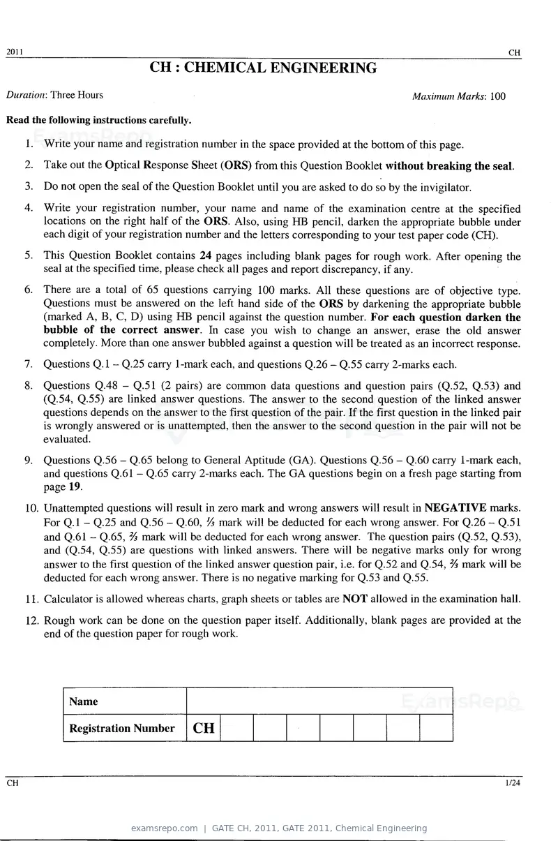 GATE CH 2011 question paper, GATE 2011, Chemical Engineering, page 1 of 20