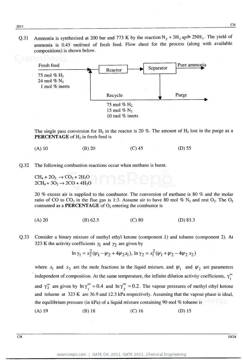 GATE CH 2011 question paper, GATE 2011, Chemical Engineering, page 10 of 20