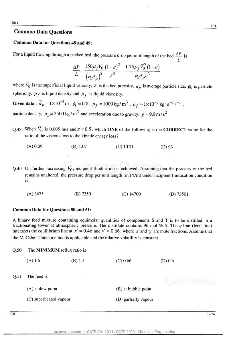 GATE CH 2011 question paper, GATE 2011, Chemical Engineering, page 17 of 20