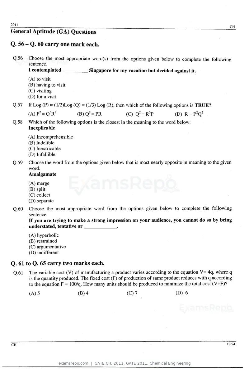 GATE CH 2011 question paper, GATE 2011, Chemical Engineering, page 19 of 20