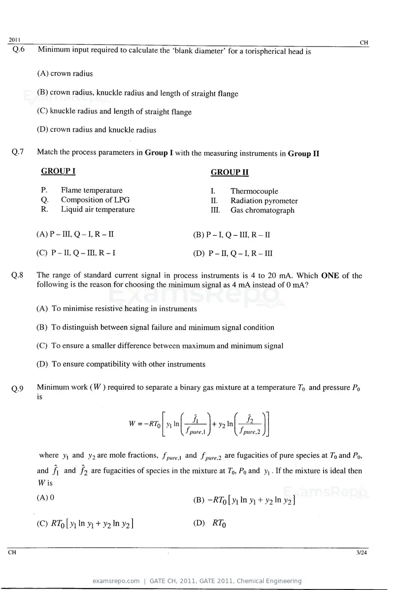 GATE CH 2011 question paper, GATE 2011, Chemical Engineering, page 3 of 20