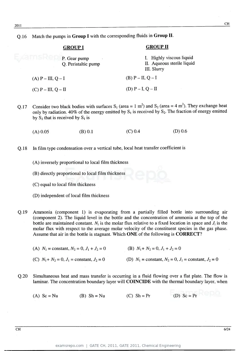 GATE CH 2011 question paper, GATE 2011, Chemical Engineering, page 6 of 20