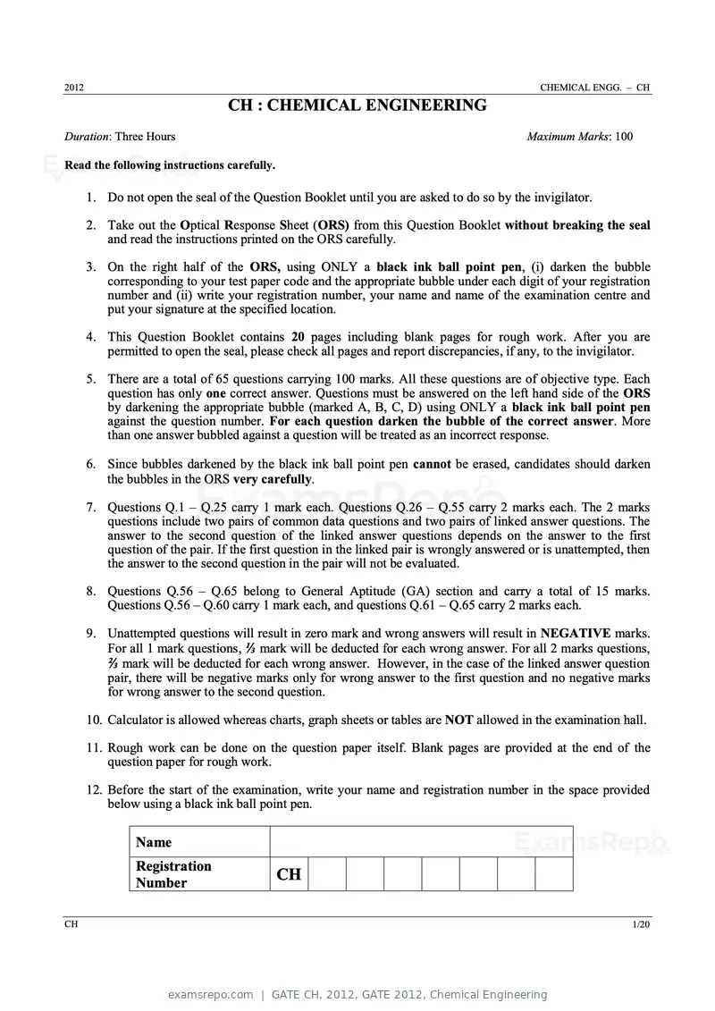 GATE CH 2012 question paper, GATE 2012, Chemical Engineering, page 1 of 21