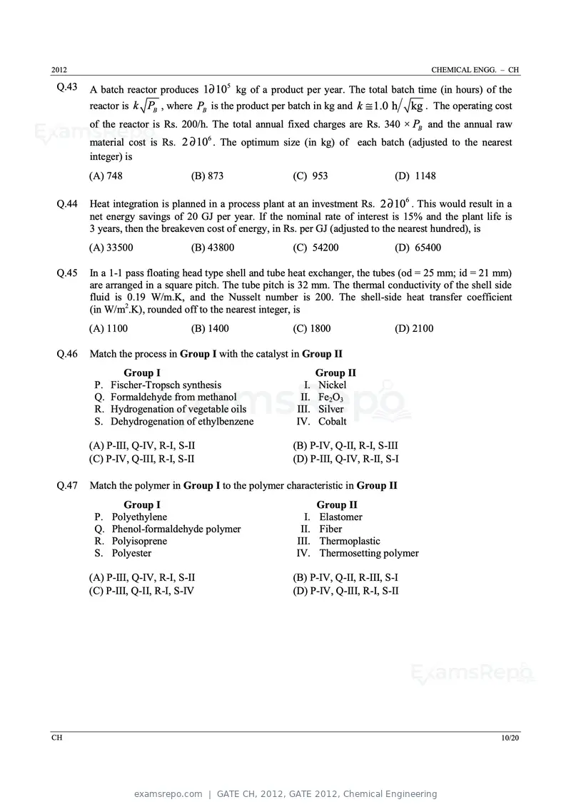 GATE CH 2012 question paper, GATE 2012, Chemical Engineering, page 10 of 21