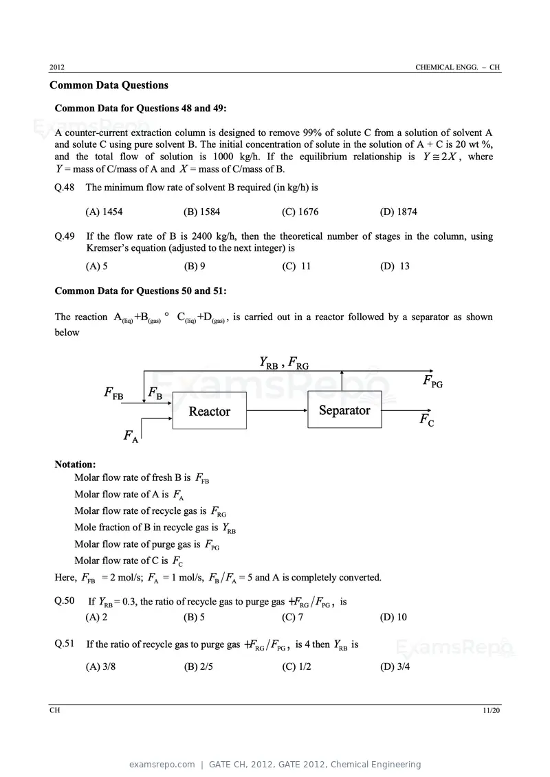 GATE CH 2012 question paper, GATE 2012, Chemical Engineering, page 11 of 21