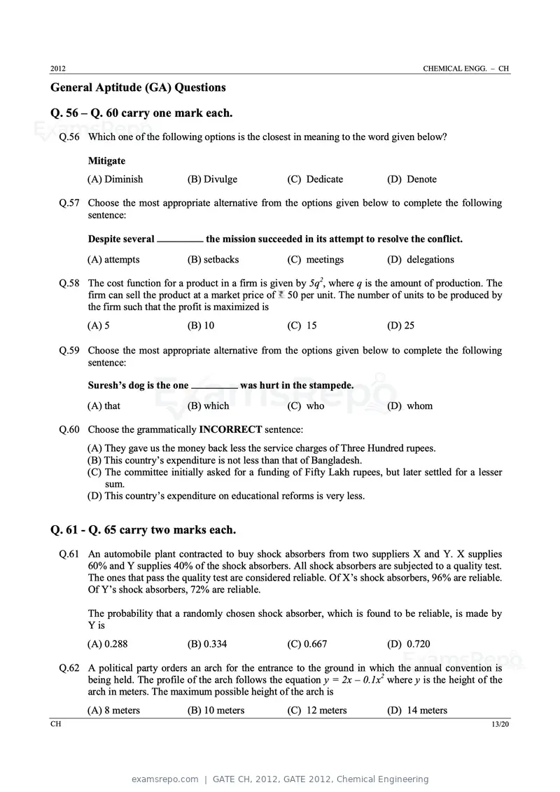 GATE CH 2012 question paper, GATE 2012, Chemical Engineering, page 13 of 21
