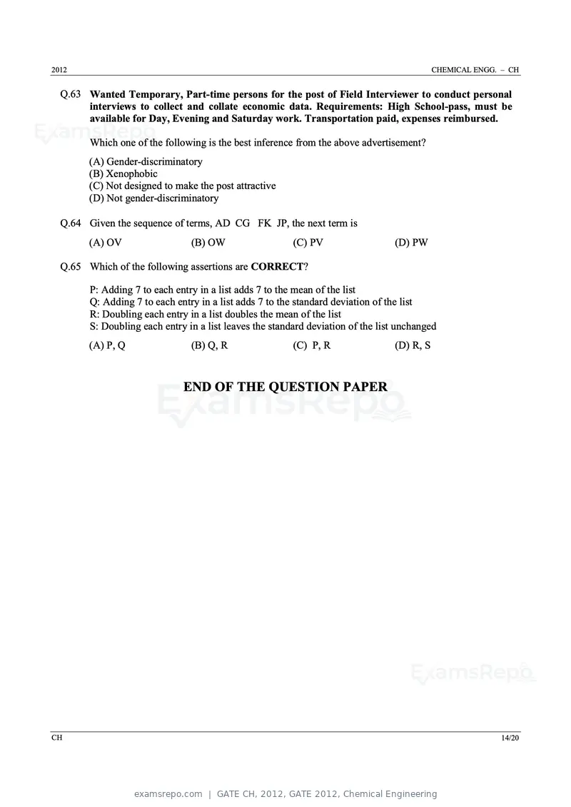 GATE CH 2012 question paper, GATE 2012, Chemical Engineering, page 14 of 21