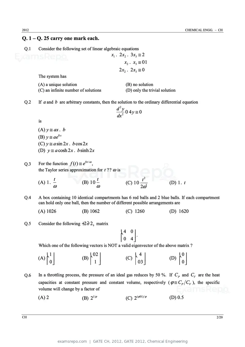 GATE CH 2012 question paper, GATE 2012, Chemical Engineering, page 2 of 21