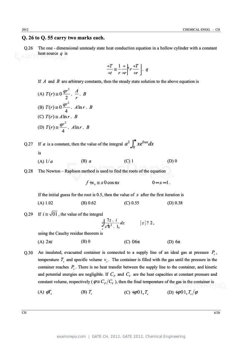 GATE CH 2012 question paper, GATE 2012, Chemical Engineering, page 6 of 21