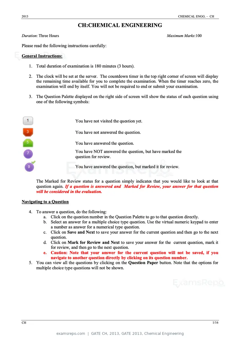 GATE CH 2013 question paper, GATE 2013, Chemical Engineering, page 1 of 16