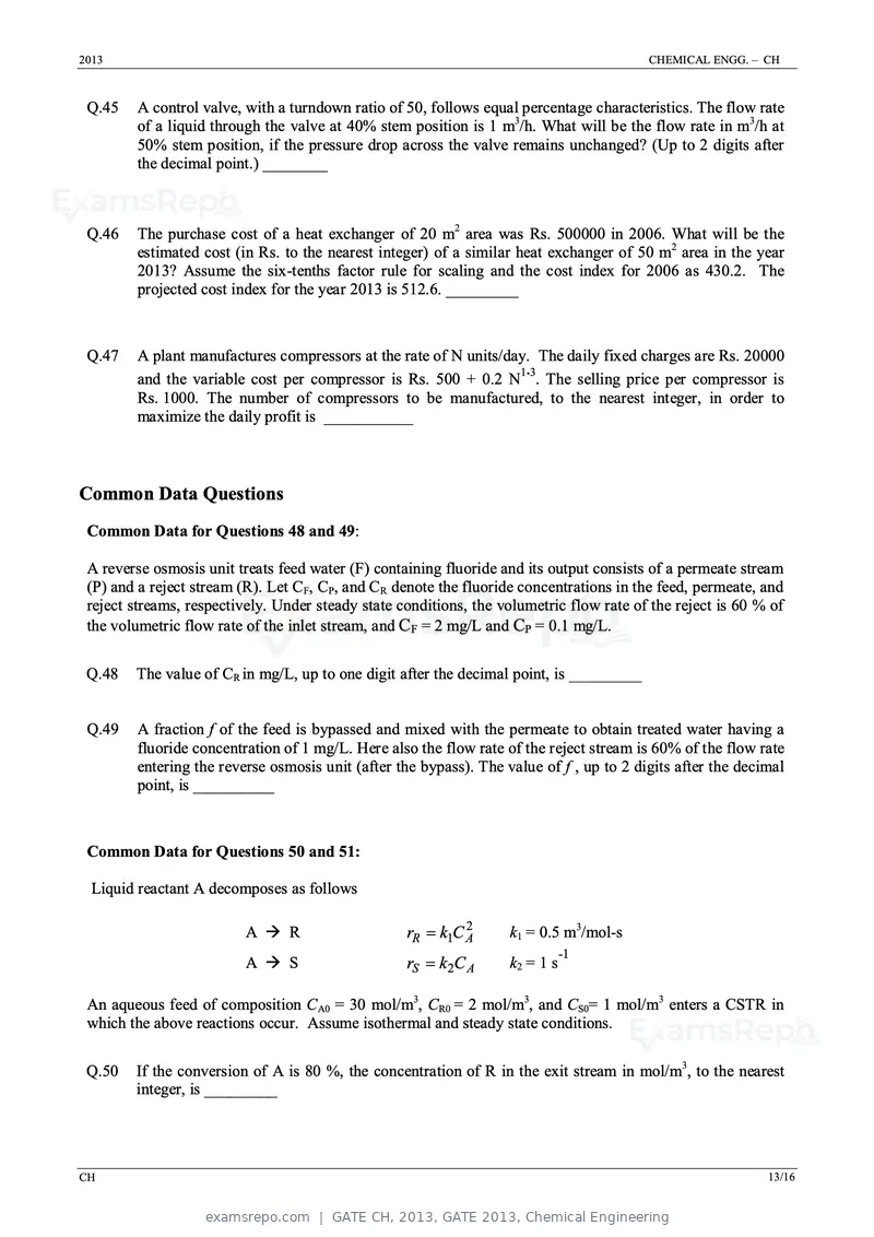 GATE CH 2013 question paper, GATE 2013, Chemical Engineering, page 13 of 16