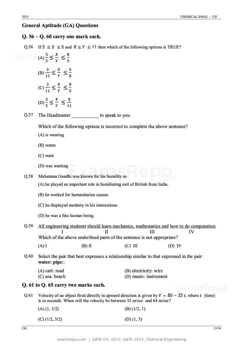 GATE CH 2013 question paper, GATE 2013, Chemical Engineering, page 15 of 16