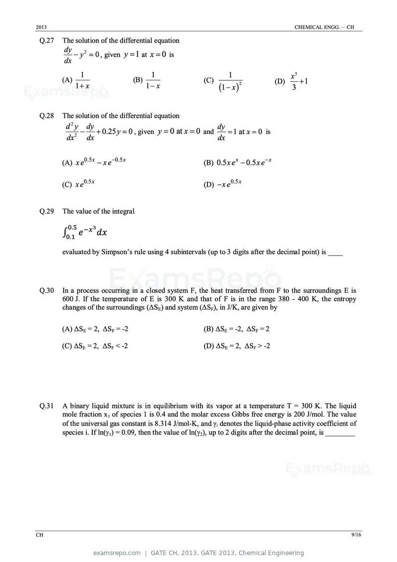 GATE CH 2013 question paper, GATE 2013, Chemical Engineering, page 9 of 16
