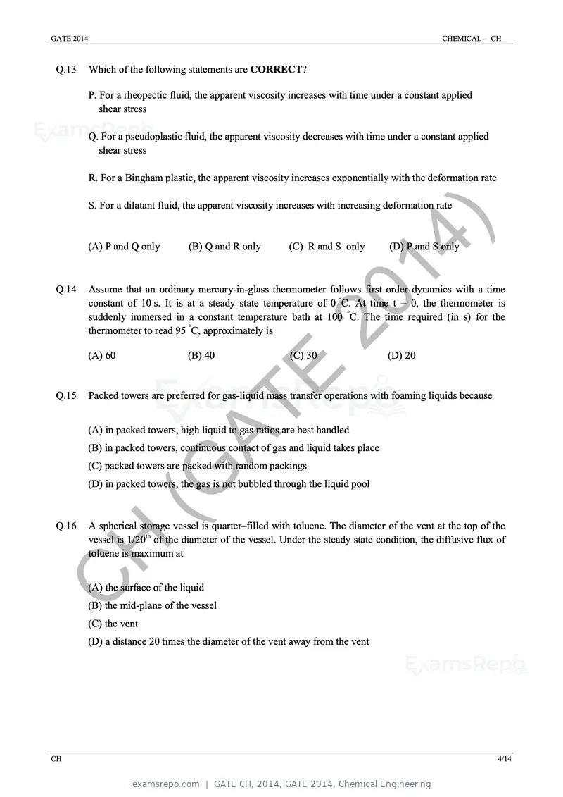 GATE CH 2014 question paper, GATE 2014, Chemical Engineering, page 10 of 21