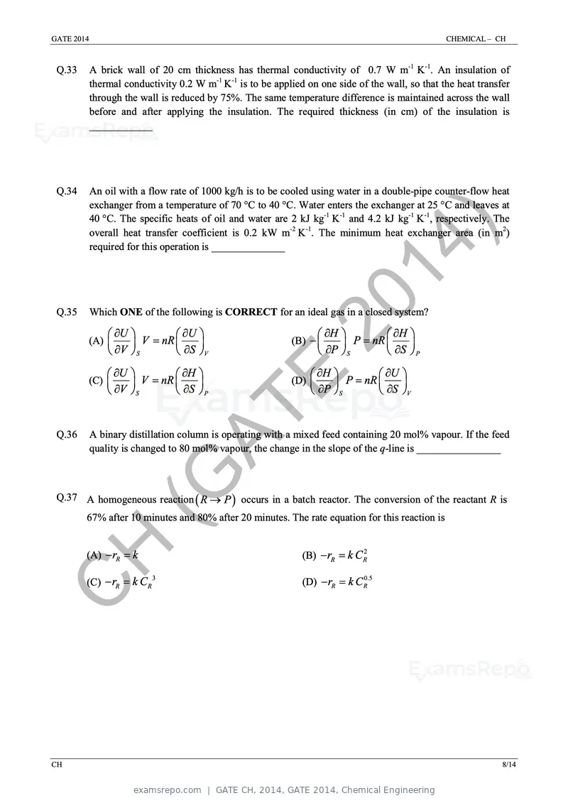 GATE CH 2014 question paper, GATE 2014, Chemical Engineering, page 14 of 21