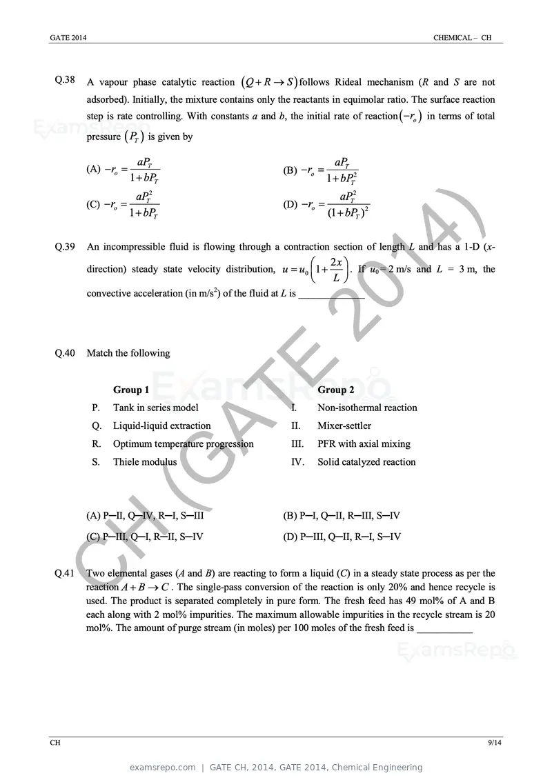 GATE CH 2014 question paper, GATE 2014, Chemical Engineering, page 15 of 21