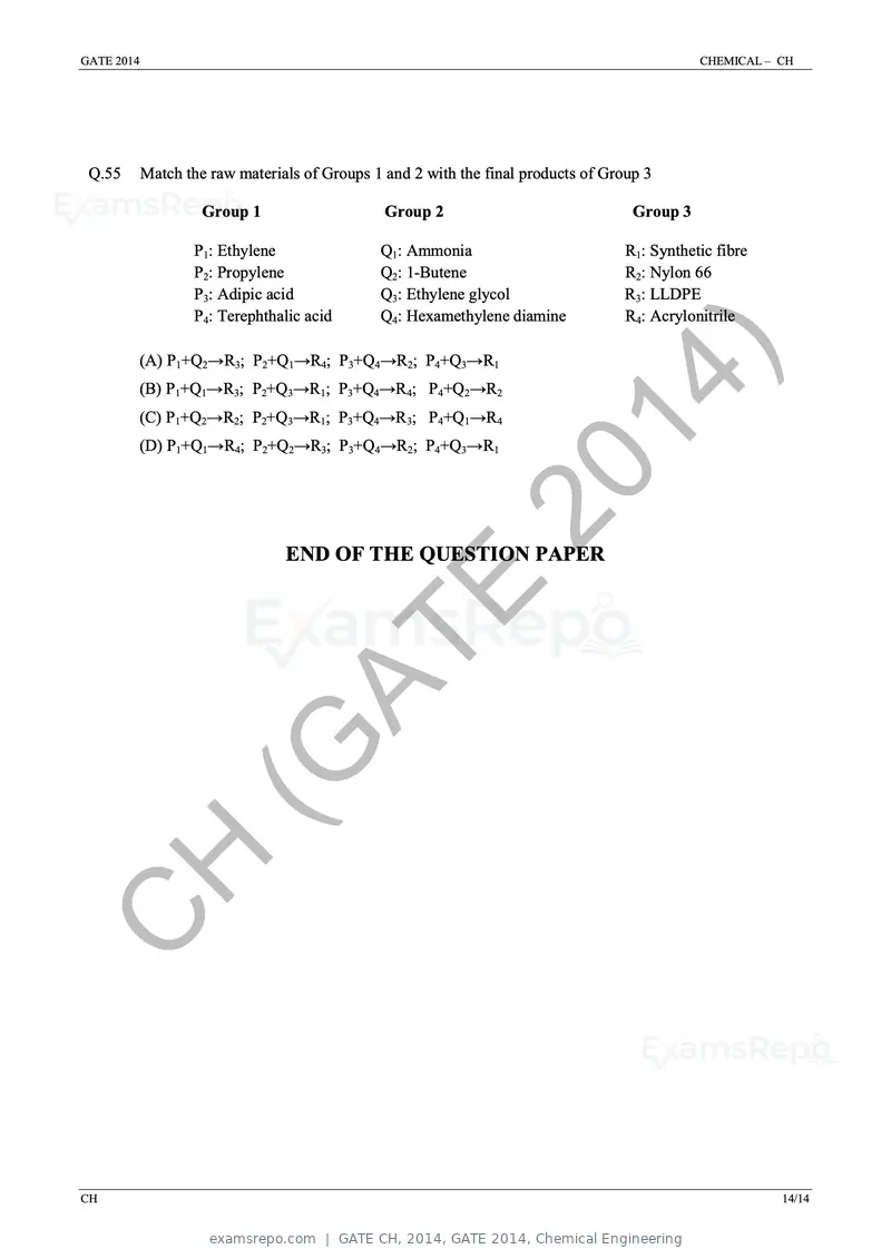 GATE CH 2014 question paper, GATE 2014, Chemical Engineering, page 20 of 21