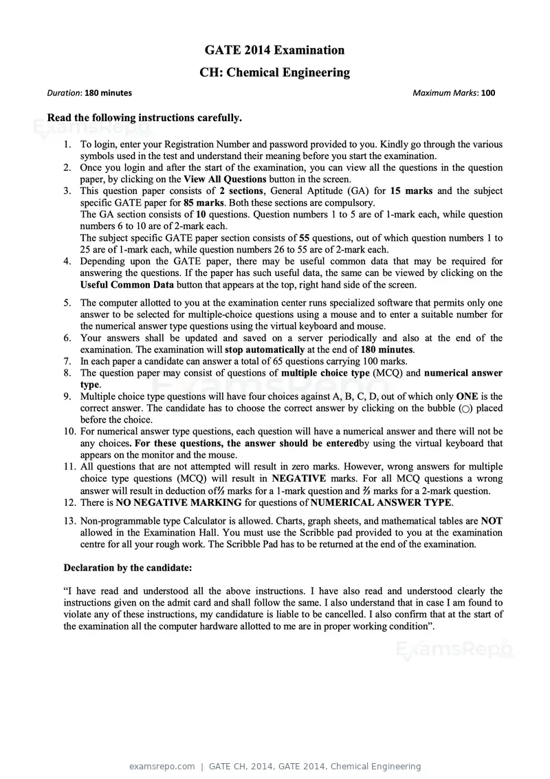 GATE CH 2014 question paper, GATE 2014, Chemical Engineering, page 4 of 21