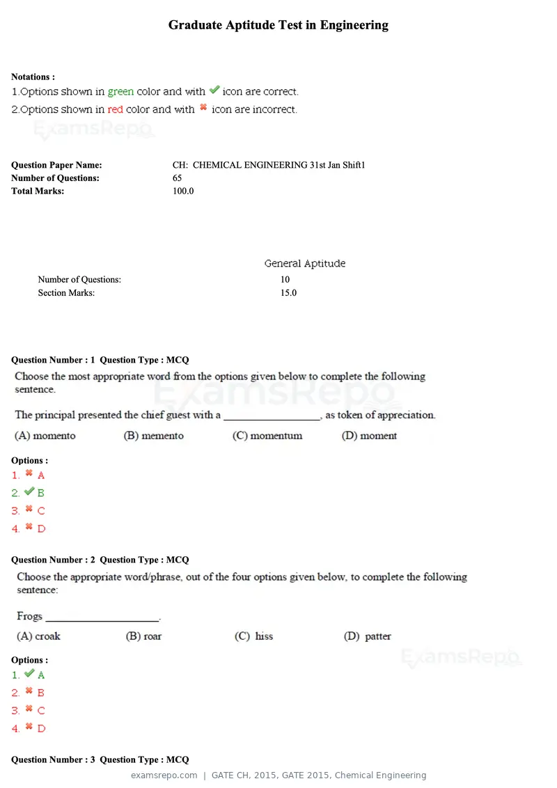 GATE CH 2015 question paper, GATE 2015, Chemical Engineering, page 1 of 27