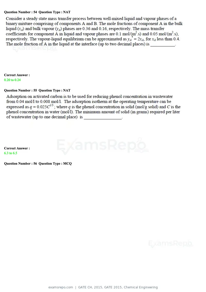 GATE CH 2015 question paper, GATE 2015, Chemical Engineering, page 22 of 27