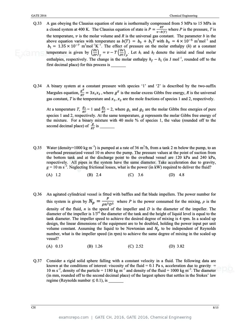 GATE CH 2016 question paper, GATE 2016, Chemical Engineering, page 11 of 20