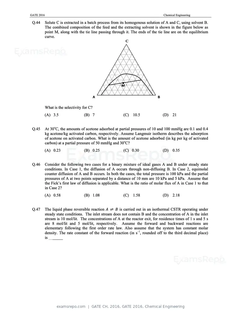 GATE CH 2016 question paper, GATE 2016, Chemical Engineering, page 14 of 20
