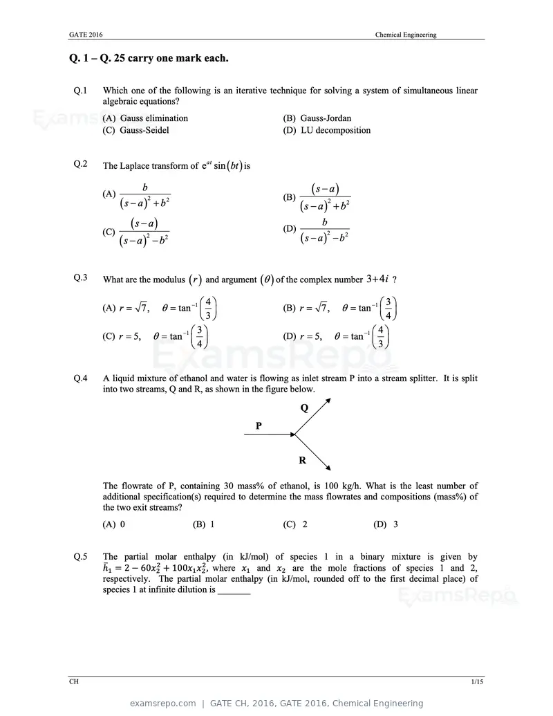 GATE CH 2016 question paper, GATE 2016, Chemical Engineering, page 4 of 20