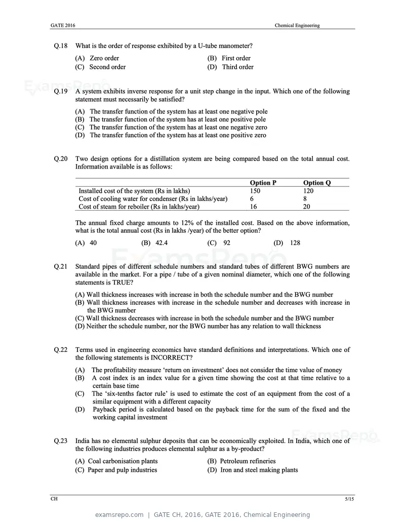 GATE CH 2016 question paper, GATE 2016, Chemical Engineering, page 8 of 20