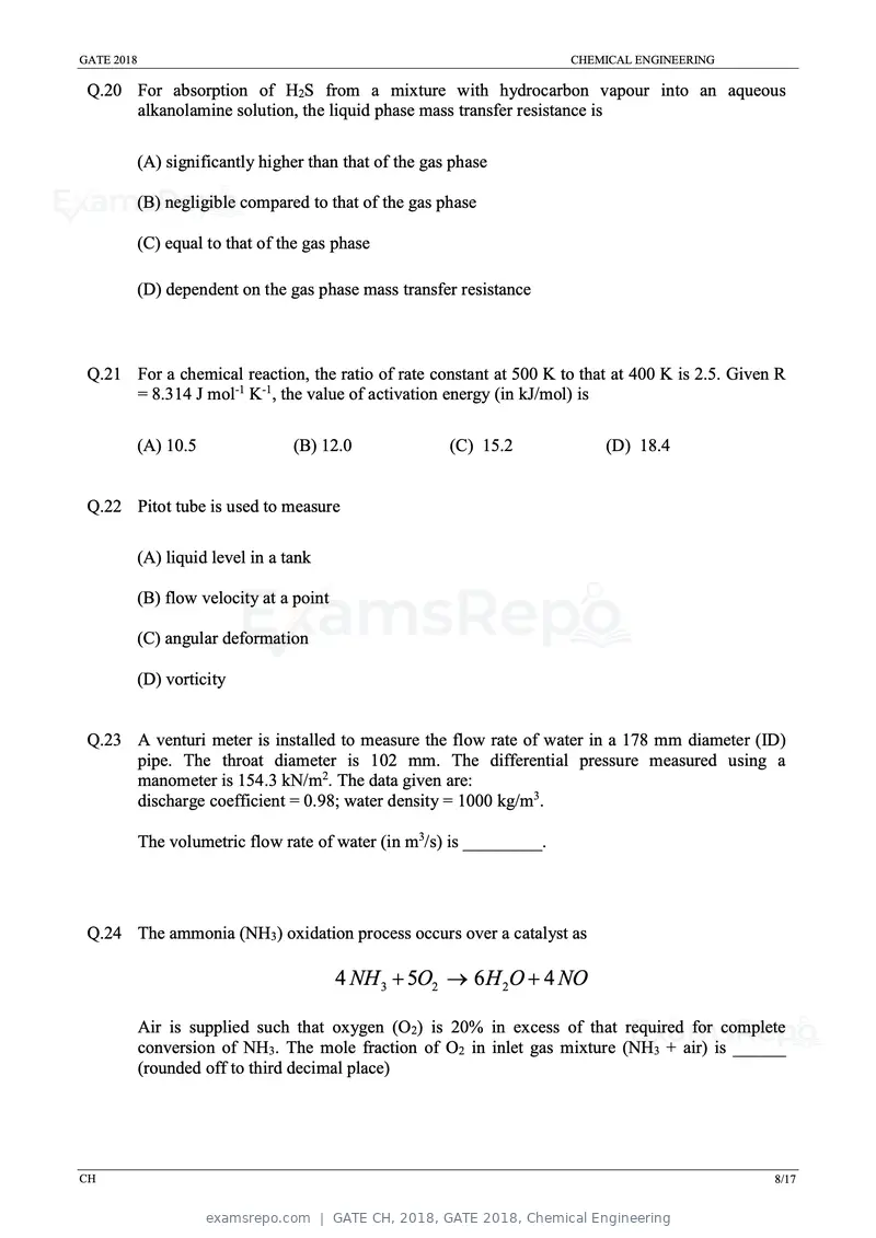 GATE CH 2018 question paper, GATE 2018, Chemical Engineering, page 10 of 22
