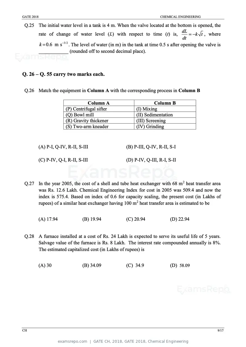 GATE CH 2018 question paper, GATE 2018, Chemical Engineering, page 11 of 22