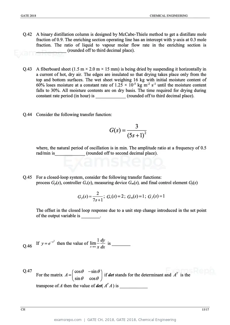 GATE CH 2018 question paper, GATE 2018, Chemical Engineering, page 17 of 22