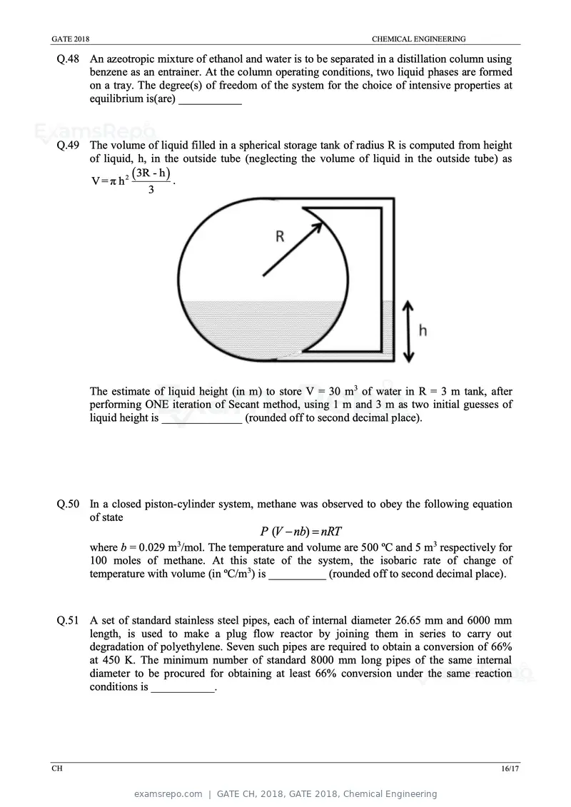 GATE CH 2018 question paper, GATE 2018, Chemical Engineering, page 18 of 22