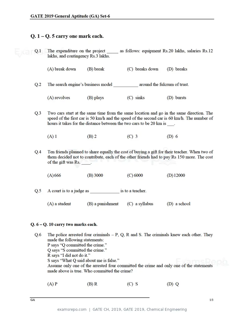 GATE CH 2019 question paper, GATE 2019, Chemical Engineering, page 1 of 22