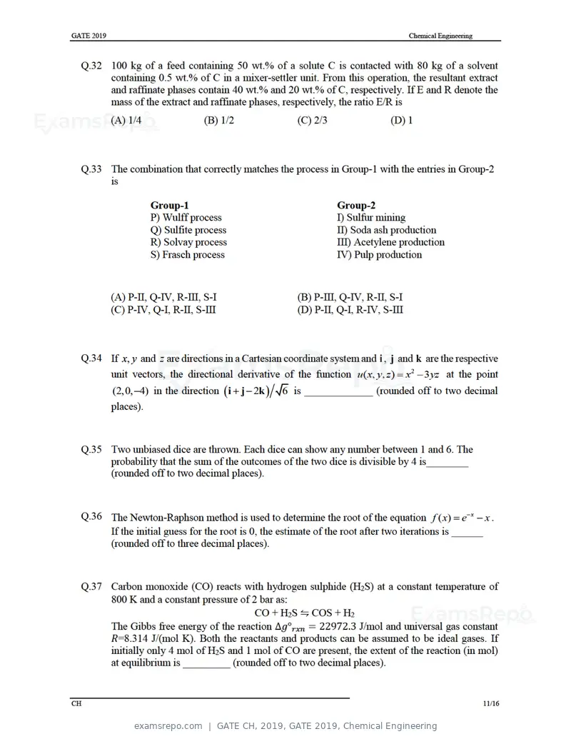 GATE CH 2019 question paper, GATE 2019, Chemical Engineering, page 14 of 22