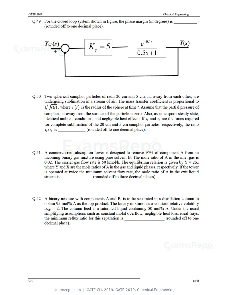 GATE CH 2019 question paper, GATE 2019, Chemical Engineering, page 18 of 22