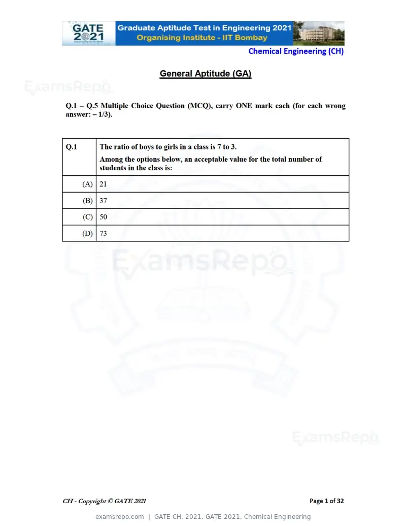 GATE CH 2021 question paper, GATE 2021, Chemical Engineering, page 1 of 35