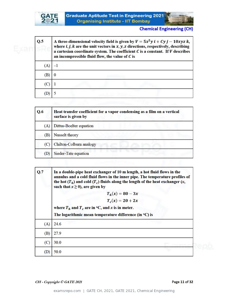 GATE CH 2021 question paper, GATE 2021, Chemical Engineering, page 11 of 35
