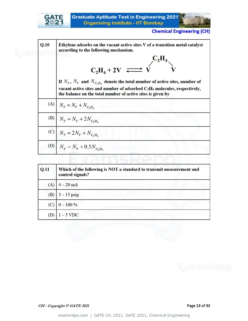 GATE CH 2021 question paper, GATE 2021, Chemical Engineering, page 13 of 35