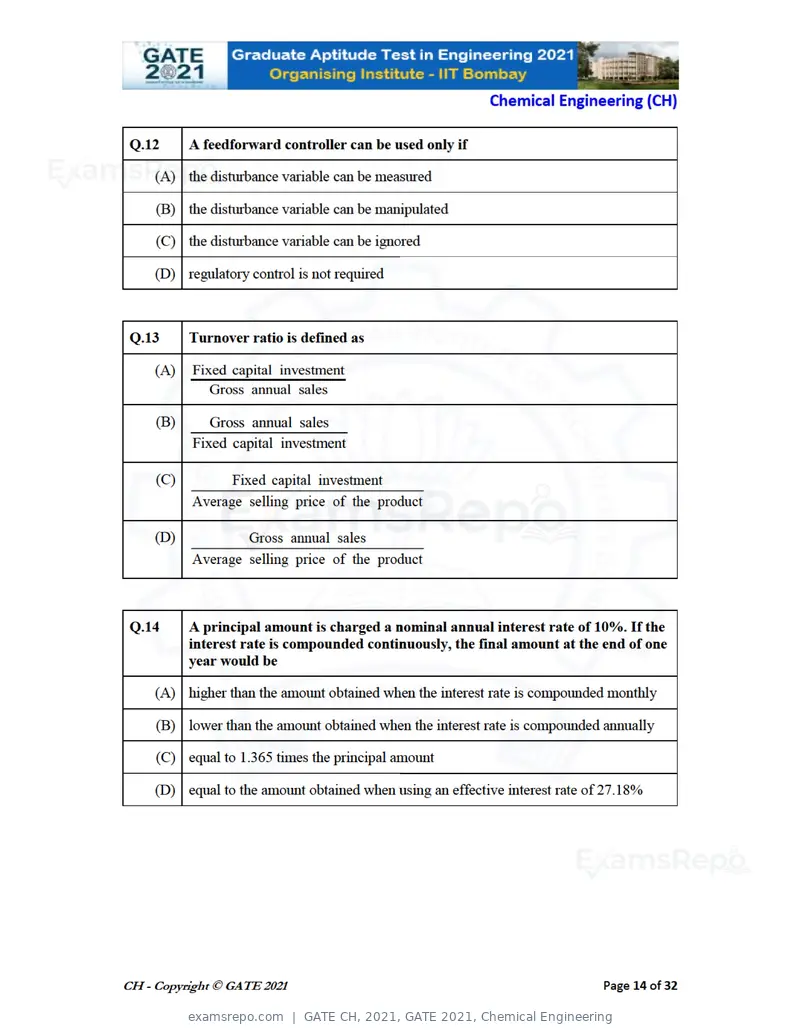 GATE CH 2021 question paper, GATE 2021, Chemical Engineering, page 14 of 35