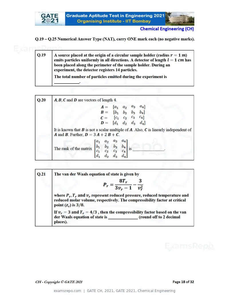 GATE CH 2021 question paper, GATE 2021, Chemical Engineering, page 18 of 35